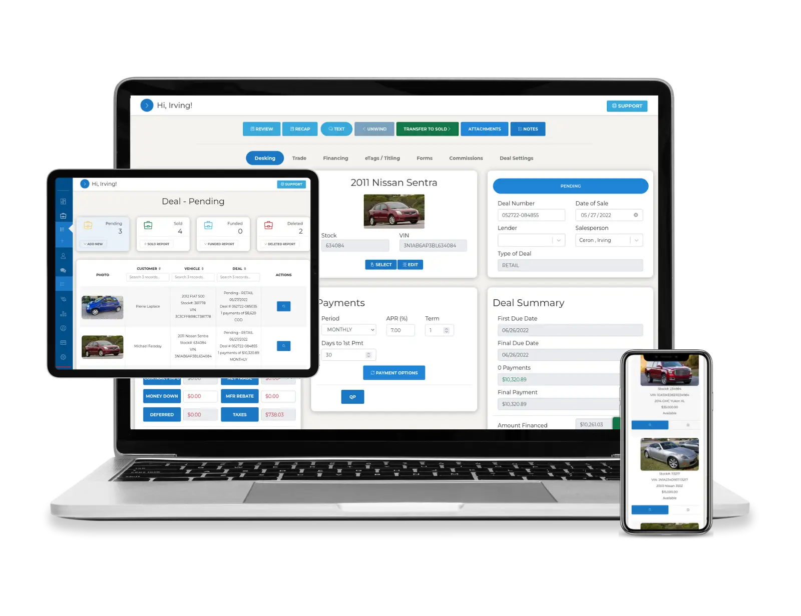Vehicle Valuation Engine software shown on laptop tablet and phone for car dealerships